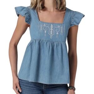 Wrangler Square Neck Embroidered Denim Top Women’s Large NWT